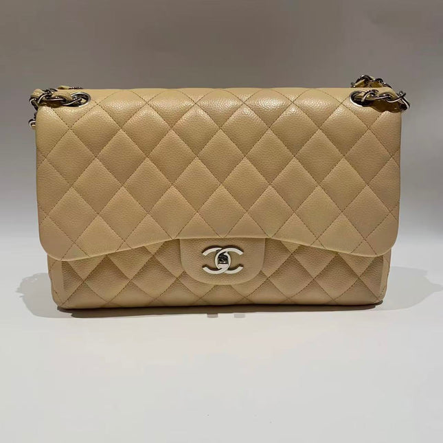 Chanel Classic Flap Jumbo 2014 Beige Caviar Leather Double Flap Silver Hardware-Luxbags