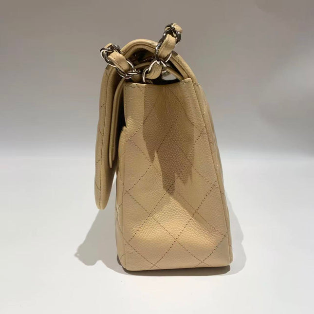 Chanel Classic Flap Jumbo 2014 Beige Caviar Leather Double Flap Silver Hardware