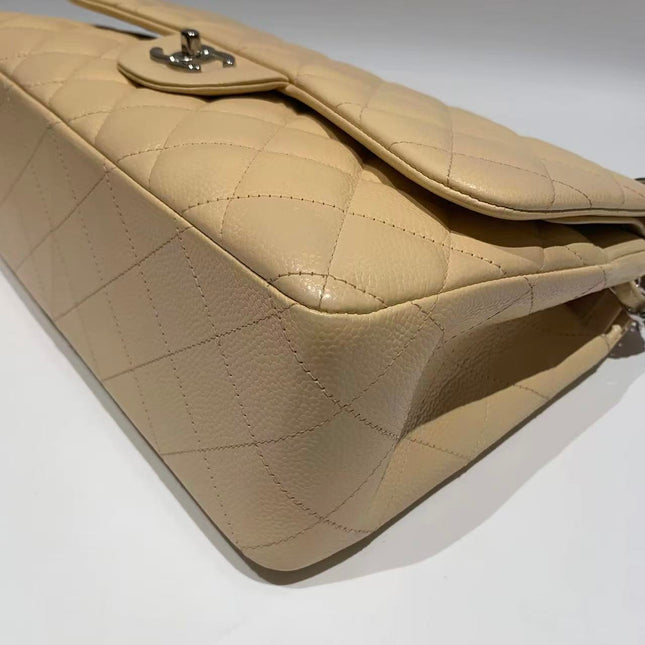 Chanel Classic Flap Jumbo 2014 Beige Caviar Leather Double Flap Silver Hardware