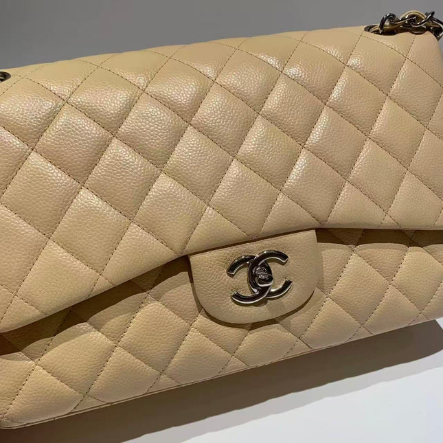 Chanel Classic Flap Jumbo 2014 Beige Caviar Leather Double Flap Silver Hardware