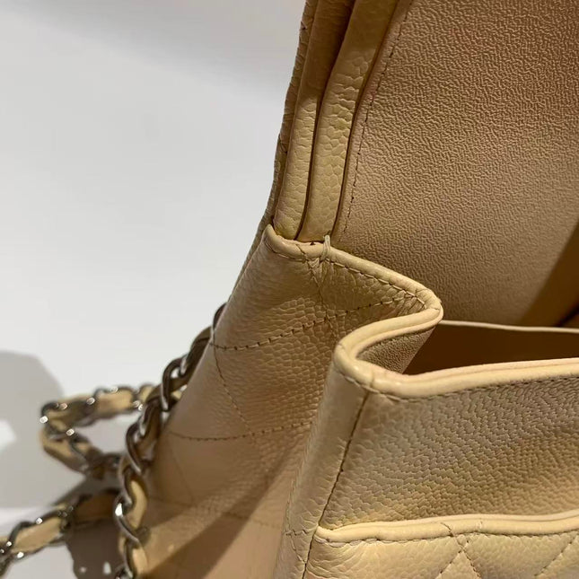 Chanel Classic Flap Jumbo 2014 Beige Caviar Leather Double Flap Silver Hardware