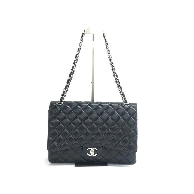 Chanel Classic Flap Maxi 2011 Black Lambskin Leather Double Flap Silver Hardware