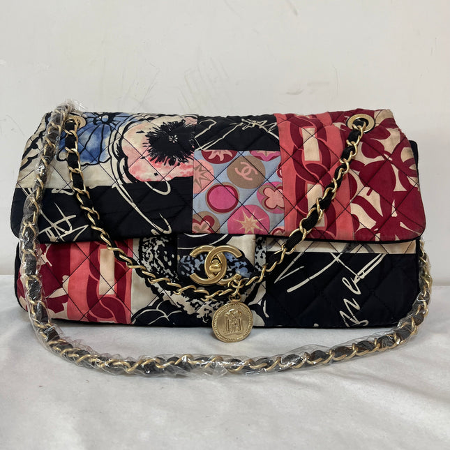 Chanel Jumbo Quilted Multicolor Patchwork Jersey Flap Bag