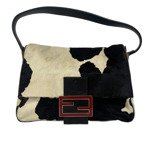Fendi Mamma Baguette Large Pony hair in Cow Print Black and White