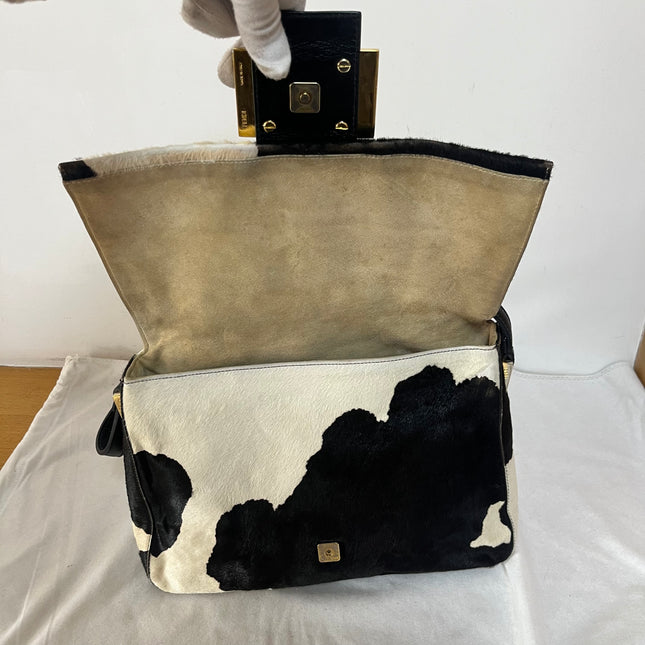 Fendi Mamma Baguette Large Pony hair in Cow Print Black and White