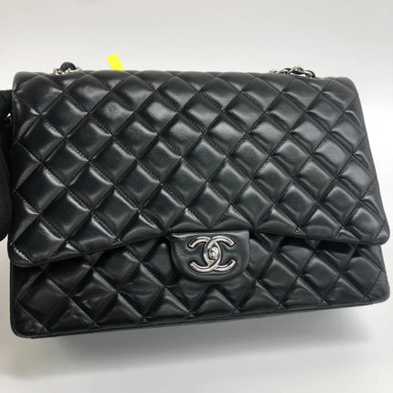 Chanel Classic Flap Maxi 2011 Black Lambskin Leather Double Flap Silver Hardware