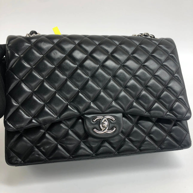 Chanel Classic Flap Maxi 2011 Black Lambskin Leather Double Flap Silver Hardware