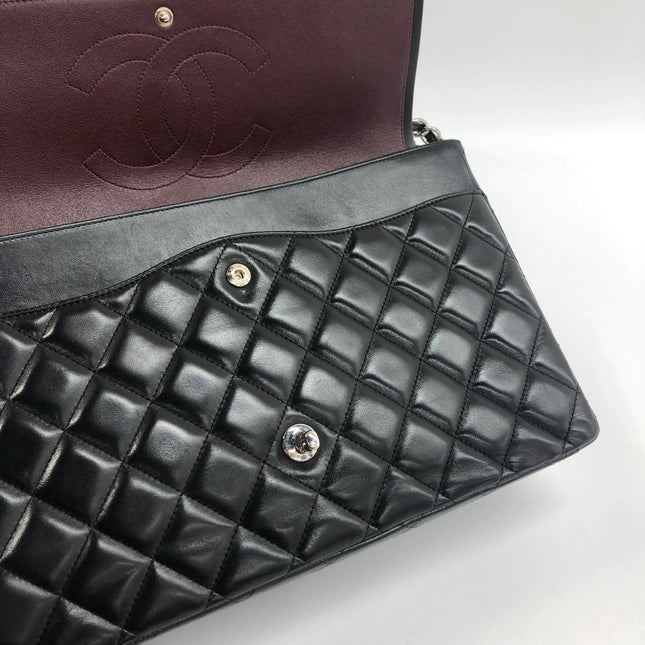 Chanel Classic Flap Maxi 2011 Black Lambskin Leather Double Flap Silver Hardware
