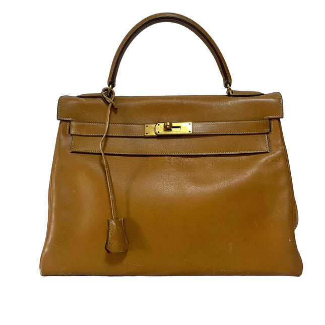 Hermes Kelly 32 Retourne 1976 Gold Box Leather Gold Hardware