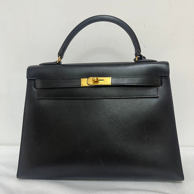 Hermès Kelly 32 Sellier Black Box Leather Gold Hardware with Strap