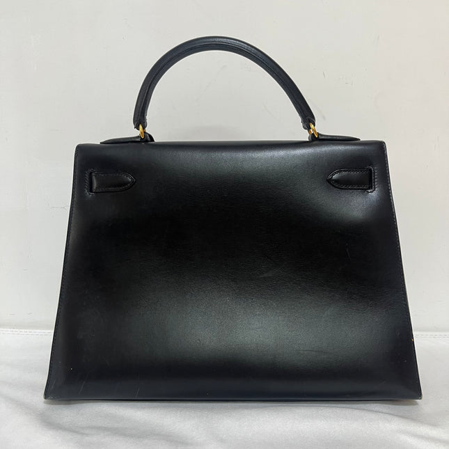 Hermès Kelly 32 Sellier Black Box Leather Gold Hardware with Strap