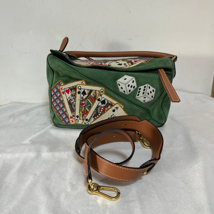 Loewe Puzzle Medium Poker Playing Card and Dice Bag in Green Suede Brown Leather