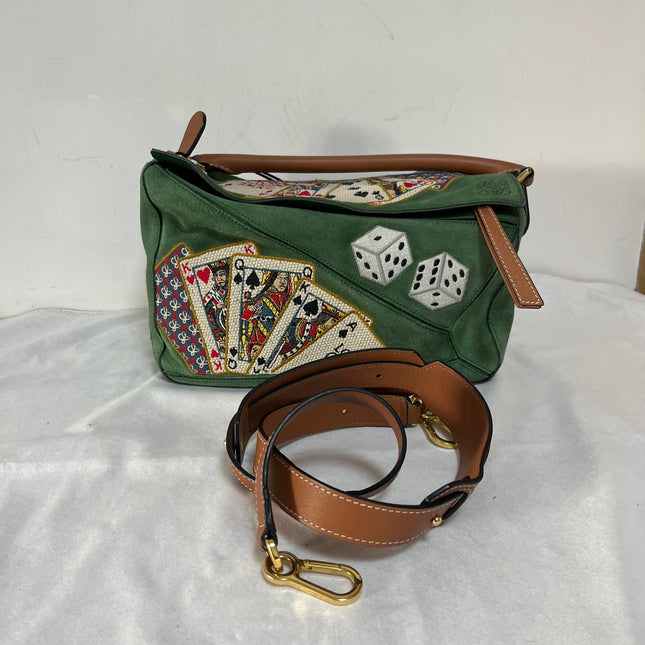 Loewe Puzzle Medium Poker Playing Card and Dice Bag in Green Suede Brown Leather