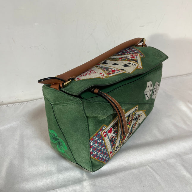 Loewe Puzzle Medium Poker Playing Card and Dice Bag in Green Suede Brown Leather