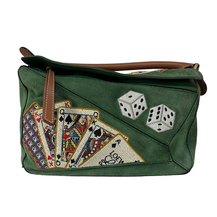 Loewe Puzzle Medium Poker Playing Card and Dice Bag in Green Suede Brown Leather-Luxbags