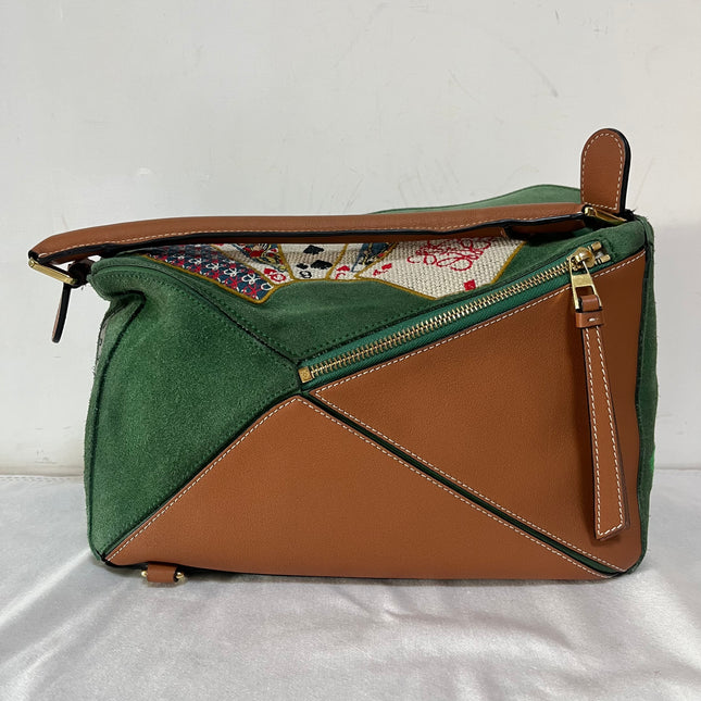 Loewe Puzzle Medium Poker Playing Card and Dice Bag in Green Suede Brown Leather
