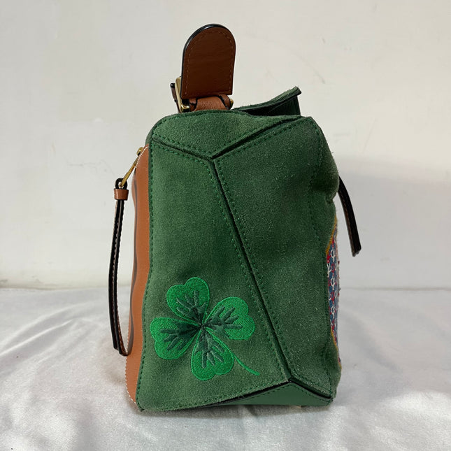 Loewe Puzzle Medium Poker Playing Card and Dice Bag in Green Suede Brown Leather