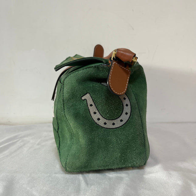 Loewe Puzzle Medium Poker Playing Card and Dice Bag in Green Suede Brown Leather