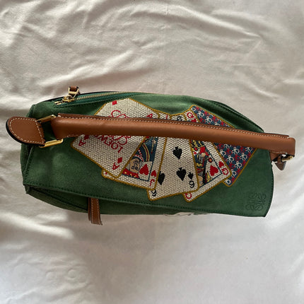 Loewe Puzzle Medium Poker Playing Card and Dice Bag in Green Suede Brown Leather