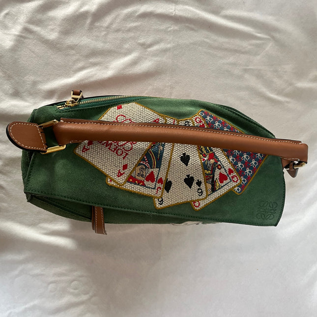 Loewe Puzzle Medium Poker Playing Card and Dice Bag in Green Suede Brown Leather