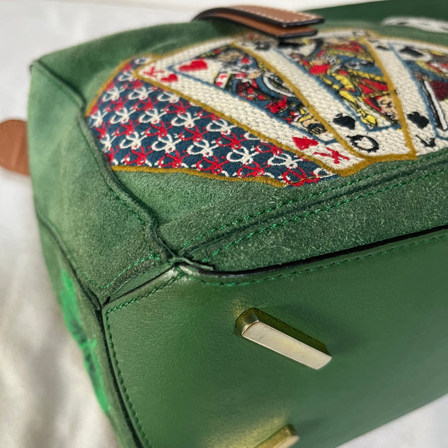 Loewe Puzzle Medium Poker Playing Card and Dice Bag in Green Suede Brown Leather