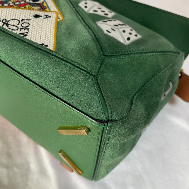 Loewe Puzzle Medium Poker Playing Card and Dice Bag in Green Suede Brown Leather