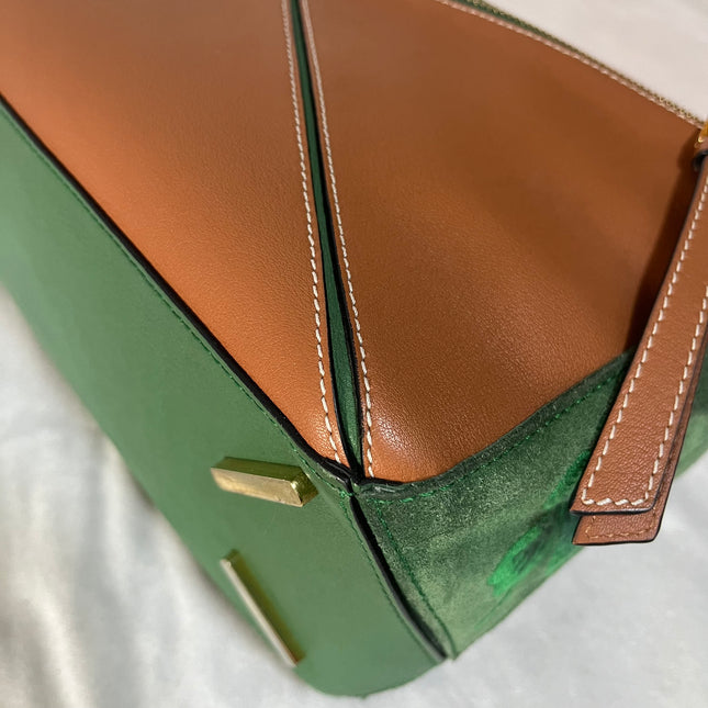 Loewe Puzzle Medium Poker Playing Card and Dice Bag in Green Suede Brown Leather