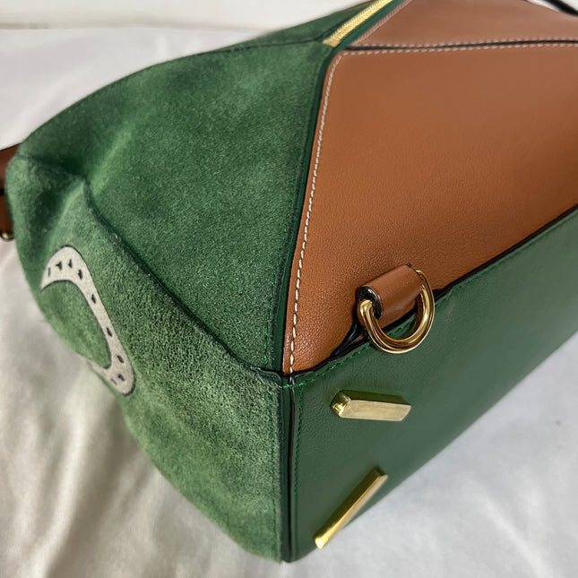 Loewe Puzzle Medium Poker Playing Card and Dice Bag in Green Suede Brown Leather