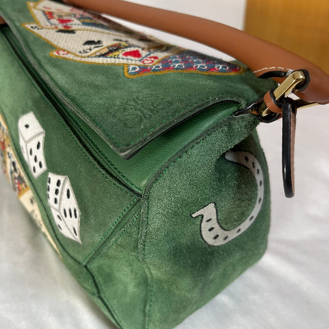Loewe Puzzle Medium Poker Playing Card and Dice Bag in Green Suede Brown Leather
