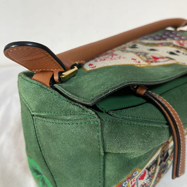 Loewe Puzzle Medium Poker Playing Card and Dice Bag in Green Suede Brown Leather