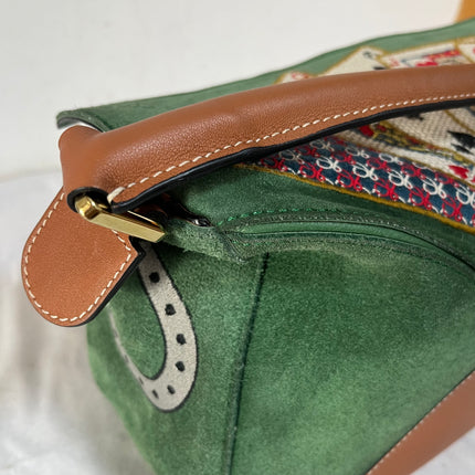 Loewe Puzzle Medium Poker Playing Card and Dice Bag in Green Suede Brown Leather