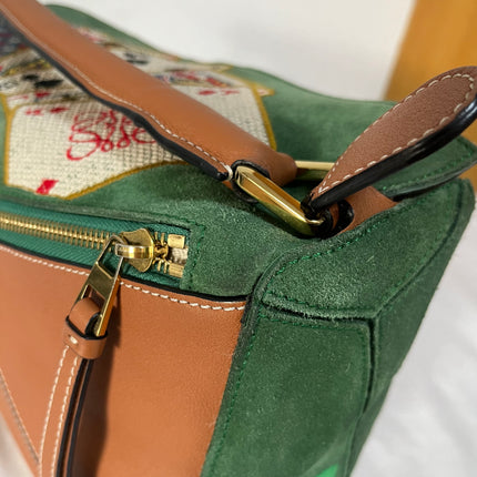 Loewe Puzzle Medium Poker Playing Card and Dice Bag in Green Suede Brown Leather