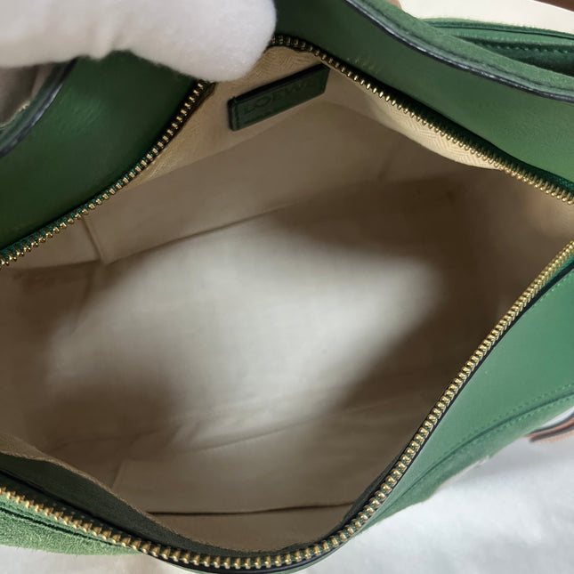 Loewe Puzzle Medium Poker Playing Card and Dice Bag in Green Suede Brown Leather