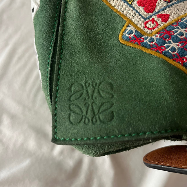 Loewe Puzzle Medium Poker Playing Card and Dice Bag in Green Suede Brown Leather