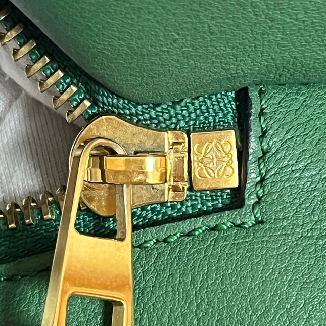 Loewe Puzzle Medium Poker Playing Card and Dice Bag in Green Suede Brown Leather