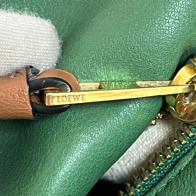 Loewe Puzzle Medium Poker Playing Card and Dice Bag in Green Suede Brown Leather