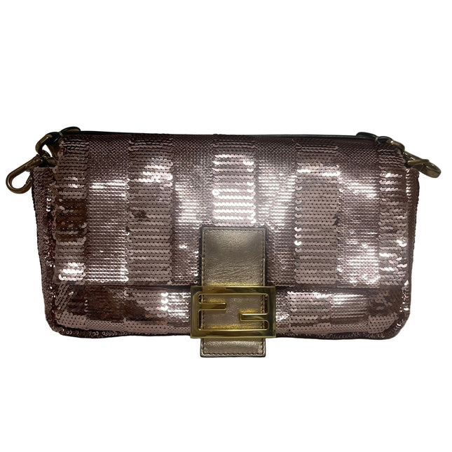 Fendi Baguette Medium Pink Glitter Sequins Valentine's Special Crossbody Bag-Luxbags