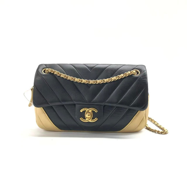 Chanel Mini Flap Bag Black Chevron Quilted Lambskin Leather Gold Corners, 2015-16-Luxbags
