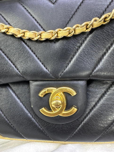 Chanel Mini Flap Bag Black Chevron Quilted Lambskin Leather Gold Corners, 2015-16