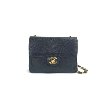 Chanel Mini Square Flap Bag Vintage Black Lizard-skin Leather 24k Gold Plated Hardware, 2000-2002-Luxbags
