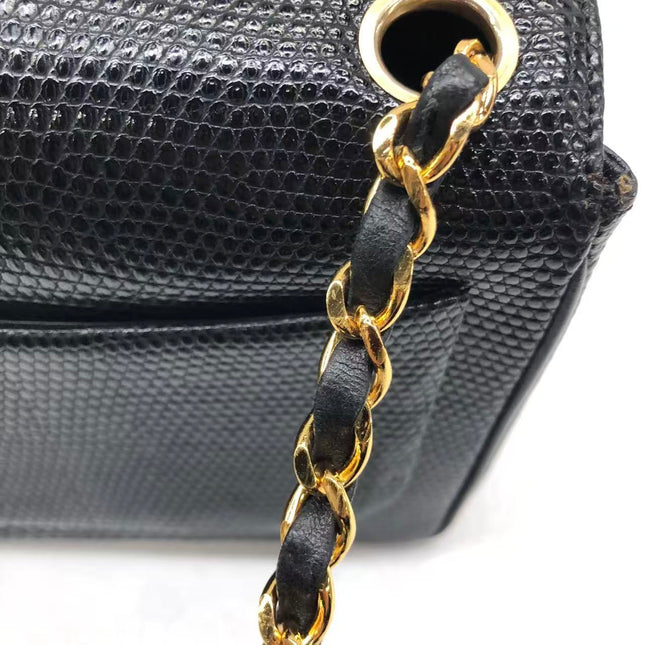 Chanel Mini Square Flap Bag Vintage Black Lizard-skin Leather 24k Gold Plated Hardware, 2000-2002