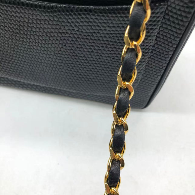 Chanel Mini Square Flap Bag Vintage Black Lizard-skin Leather 24k Gold Plated Hardware, 2000-2002