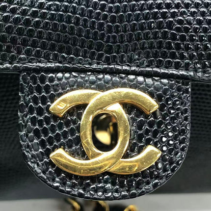 Chanel Mini Square Flap Bag Vintage Black Lizard-skin Leather 24k Gold Plated Hardware, 2000-2002
