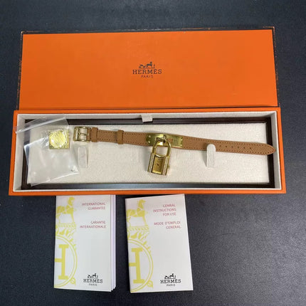 Hermès Kelly Padlock Gold Watch with Diamonds Brown Leather Strap