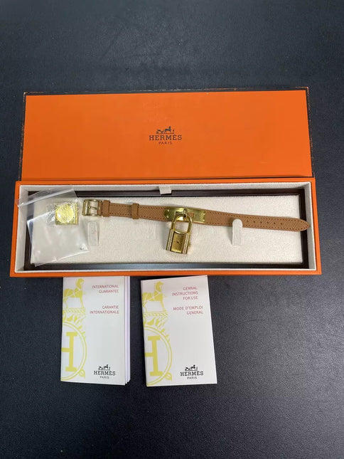 Hermès Kelly Padlock Gold Watch with Diamonds Brown Leather Strap