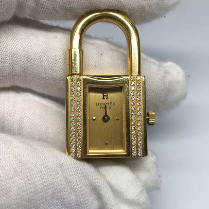 Hermès Kelly Padlock Gold Watch with Diamonds Brown Leather Strap