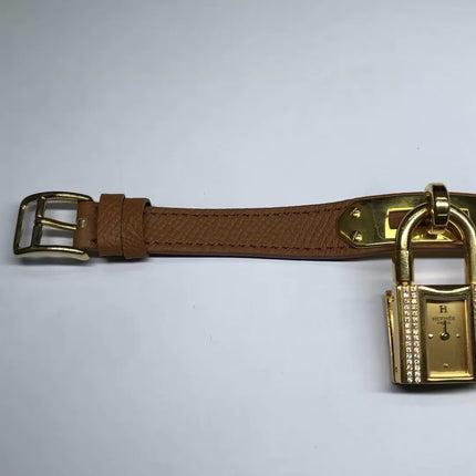 Hermès Kelly Padlock Gold Watch with Diamonds Brown Leather Strap