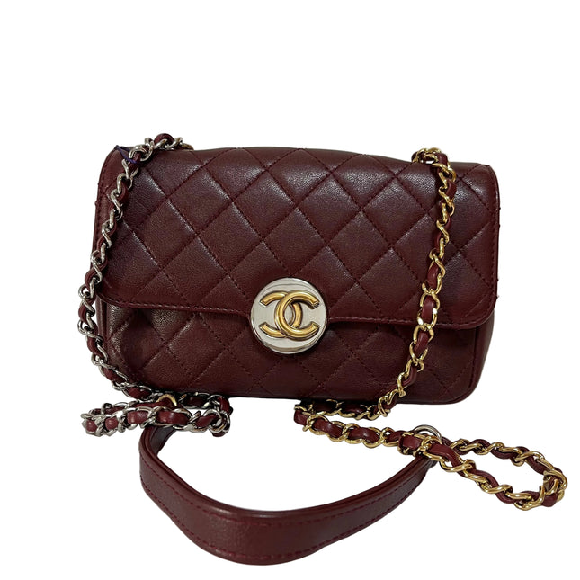 Chanel Flap Bag Mini Burgundy Lambskin Leather Gold & Silver Hardware 2019-Luxbags