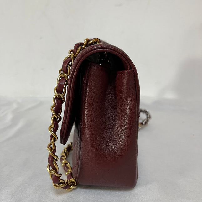 Chanel Flap Bag Mini Burgundy Lambskin Leather Gold & Silver Hardware 2019
