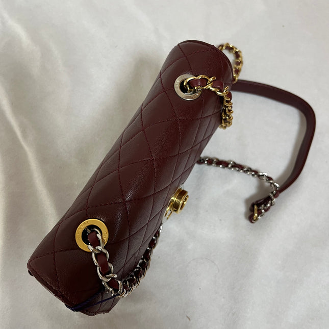 Chanel Flap Bag Mini Burgundy Lambskin Leather Gold & Silver Hardware 2019
